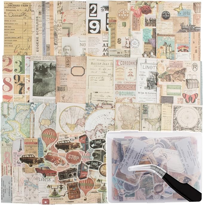 200Pcs Vintage Scrapbook Stickers, Aesthetic Junk Journal Stamping Supplies Kit, Scrapbooking Ephemera Washi Paper for Bullet Journaling Planners Diary Collage