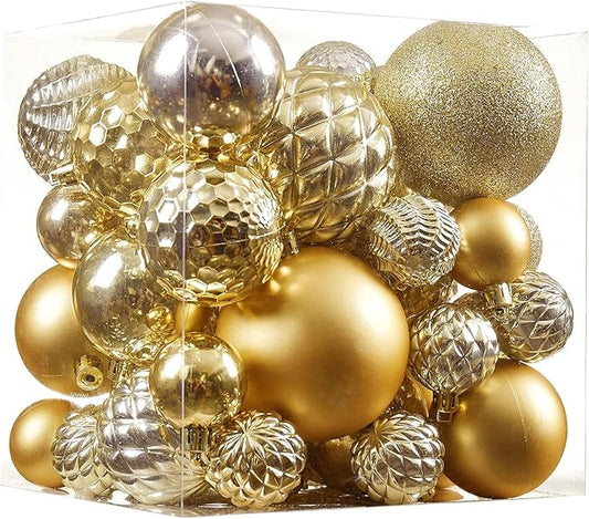 Christmas Balls Ornaments -36pcs Shatterproof Christmas Tree Decorations with Hanging Loop for Xmas Tree Wedding Holiday Party Home Decor,6 Styles in 3 Sizes（Gold）