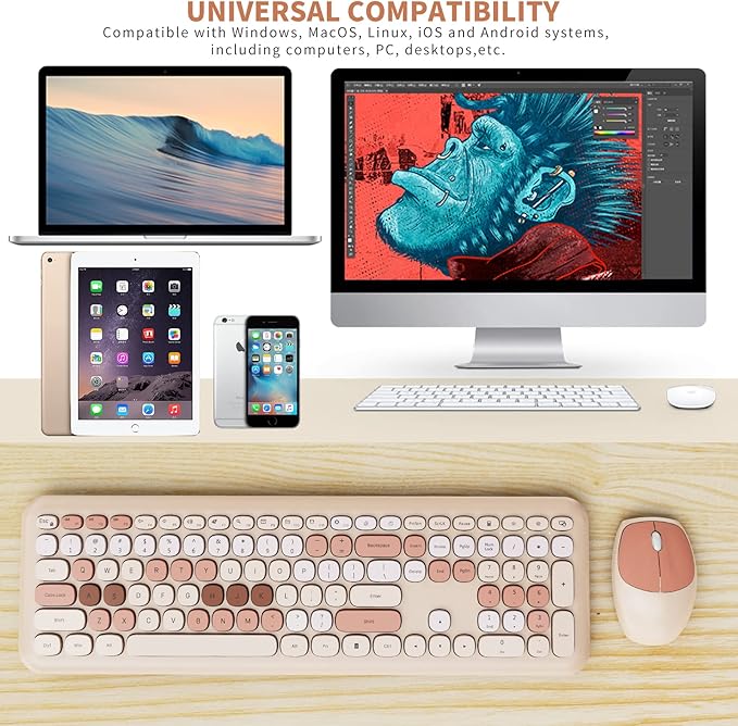 Wireless Keyboard and Mouse Combo, Colorful Ergonomic Full Size Retro Low-Noise Keyboard with Cute keycaps, Compatible with Windows, PC, Perfer for Home and Office Keyboards (Brown)