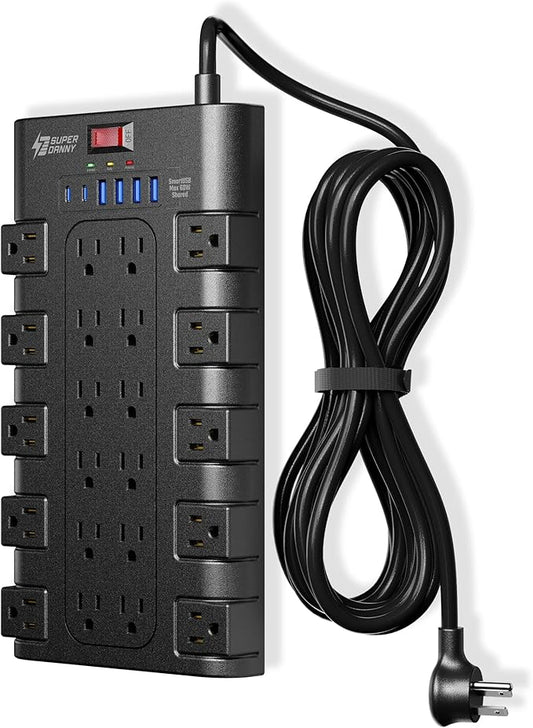 Surge Protector Power Strip, SUPERDANNY Charging Station 22 Outlets with 45W Type-C Fast Charging USB Ports, 4 USB-A, 2 USB-C, 2100J, 15A/1875W, 6.5Ft Flat Plug Extension Cord for Home Streaming Black