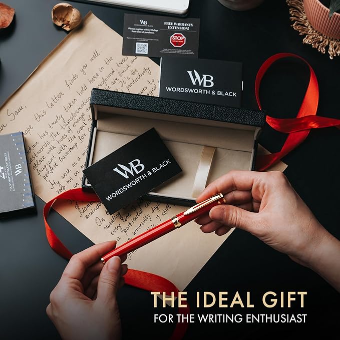 Wordsworth & Black Fountain Pen Set, 18K Gilded Broad Nib, Includes 24 Pack Ink Cartridges, Ink Refill Converter & Gift Box, Gold Finish, Calligraphy, [Crimson Red], Perfect for Men & Women