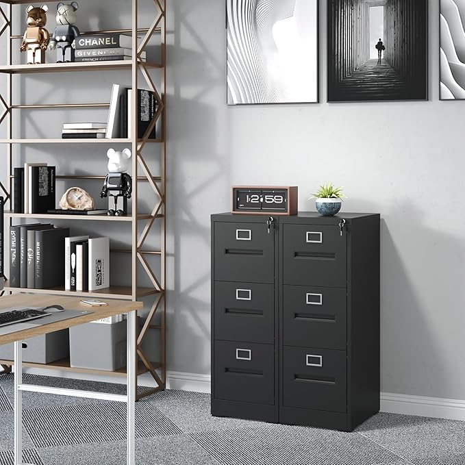 3 Drawer File Cabinet with Lock, Vertical Metal Filing Storage Cabinet for Home Office, Steel Locking File Cabinets for A4 Legal/Letter Folders,Silent Sliding Drawers, Assembly Required (Black)