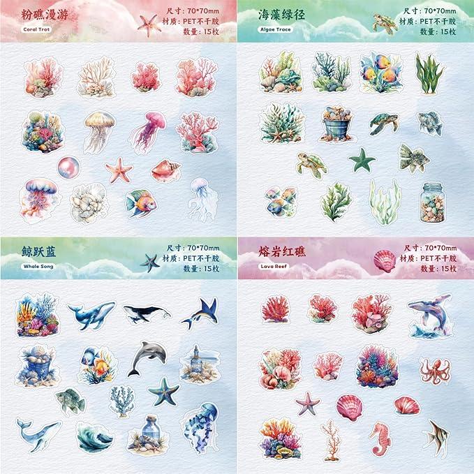 90 Pieces Ocean World Themed PET Sticker, Jellyfish Turtles Whales Dolphins Seahorses Sticker for Scrapbook DIY Crafts Planner Water Bottles Laptops