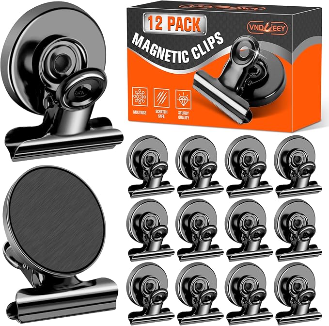 VNDUEEY 12 Pack Black Refrigerator Magnets Fridge Magnet, Magnetic Clips for Whiteboard, Magnet Clips Heavy Duty for Kitchen & Office Home Organizing