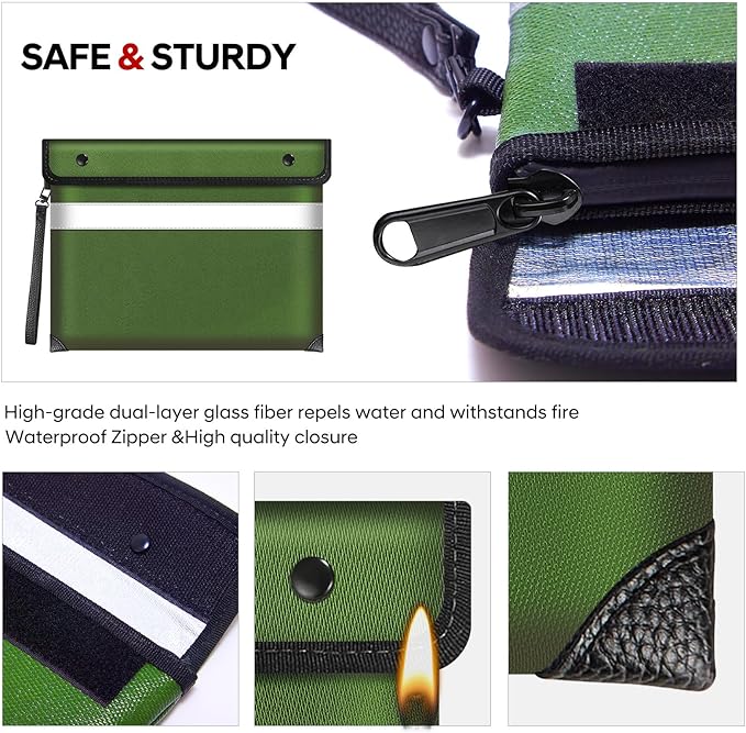 Upgraded Fireproof Document Bag 5200°F Heat Insulated,11"x7.7"Waterproof Fireproof Money Bag with Water-resistant Zipper,Fireproof Envelopes for Documents,Cash,Valuables(Green)