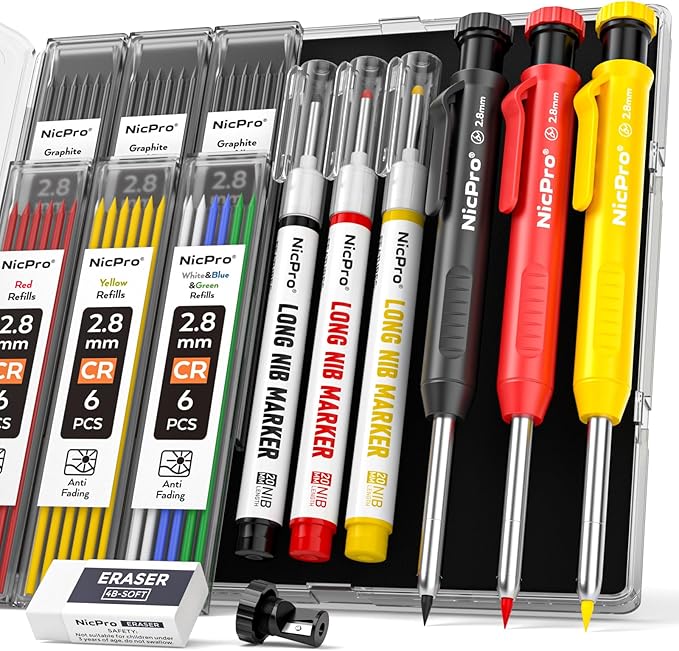 Nicpro 3 Pack CP1000 Carpenter Pencils with Sharpener, Mechanical Carpenter Pencil with 39 Refills, Deep Hole Long Nib Marker Pens for Construction, Heavy Duty Woodworking Pencil for Architect Marking