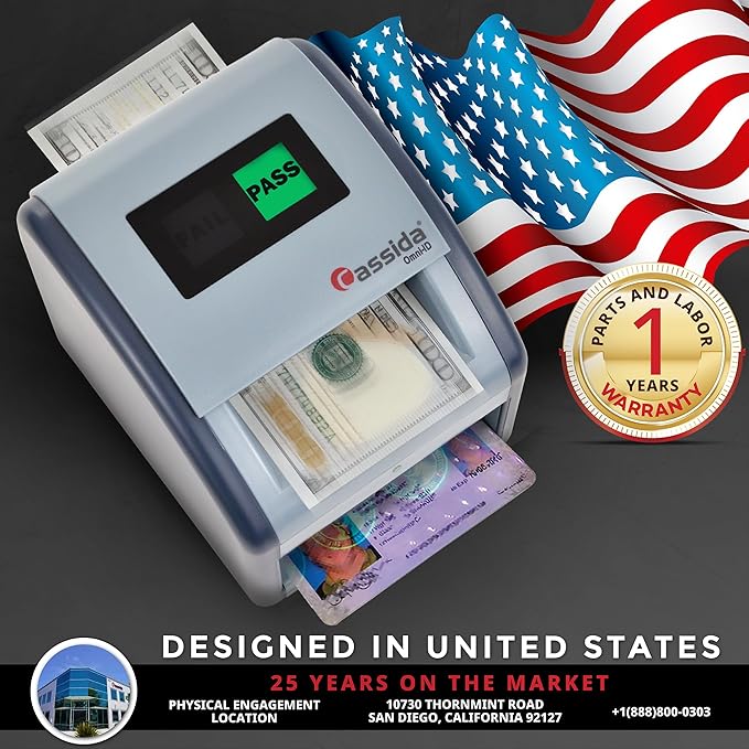 Cassida Omni-ID 2-in-1 Currency Counterfeit Detector with UV Identification Verification Lights – Bill Checker with Infrared, Magnetic and Ultraviolet Sensors - Easy to Read PASS/FAIL Display