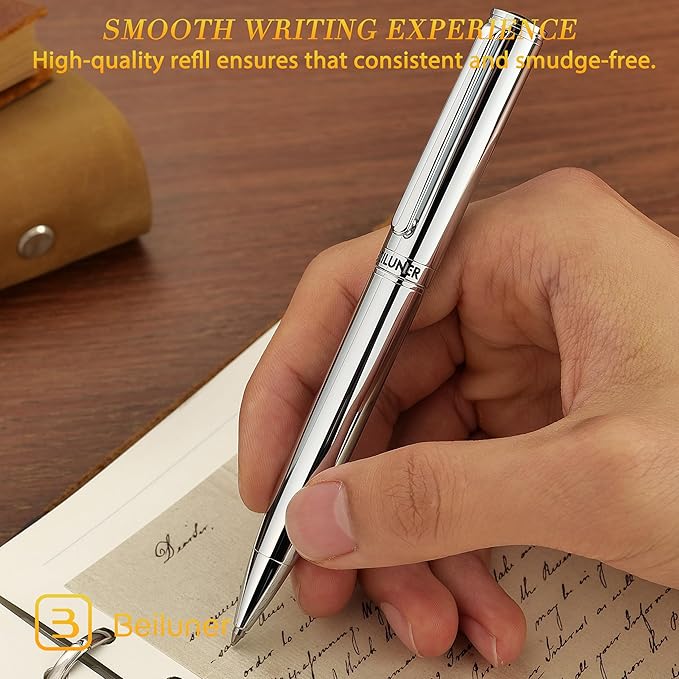 BEILUNER Silver Gel Pen - Luxury Featuring Bright Chrome Finishes, Black Ink Refill, Best Pen Gift Set for Men & Women, Business Signature, Executive, Office Retractable,Nice Fancy Designer Pens
