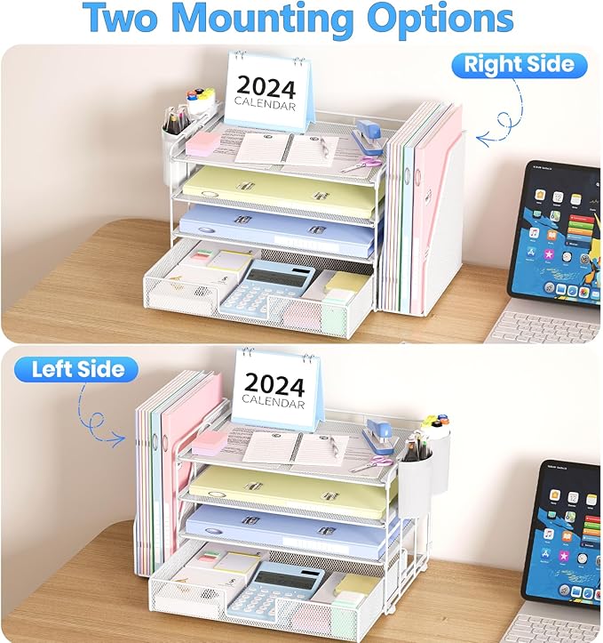 OPNICE Desk Organizer and Accessories, 4-Tier Desktop File Organizer with Drawer and 2 Pen Holders, Office Desk Accessories, File Sorters, Workspace Organizers for Office Supplies(White)