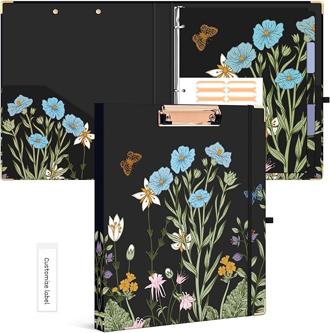 Ospelelf 3 Ring Binder 1/2 Inch, Floral Round Ring Clipboard Thin Binder with 5 Tab Dividers for Letter Size Documents, for School and Office Supplies, Moonlit Blossoms
