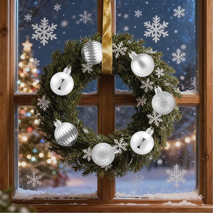 Set of 24 Small Silver Christmas Ornaments Balls for Christmas Tree, 1.2 inch Mini Silver Ornaments for Mini Tree, Plastic Shatterproof Hanging Bulbs Xmas Valentine Party Indoor Outdoor Decorations