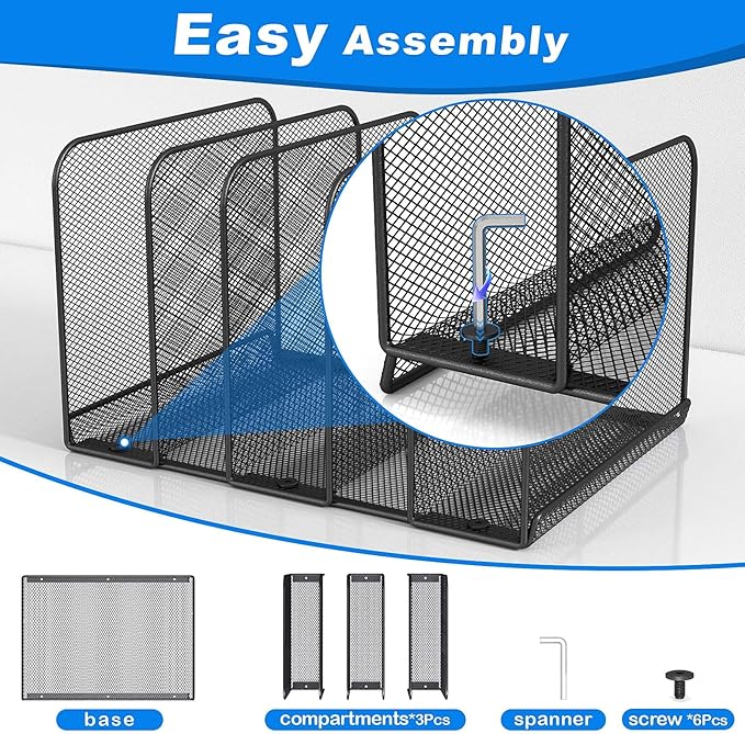 5 Sections Desk File Holder/Rack/Sorter,Mesh File Organizer,File Folder Organizer,Metal Upright Desktop Organization for Documents,Magazine,Kitchenware,Antiskid,Antirust,Sturdy,1 Pack