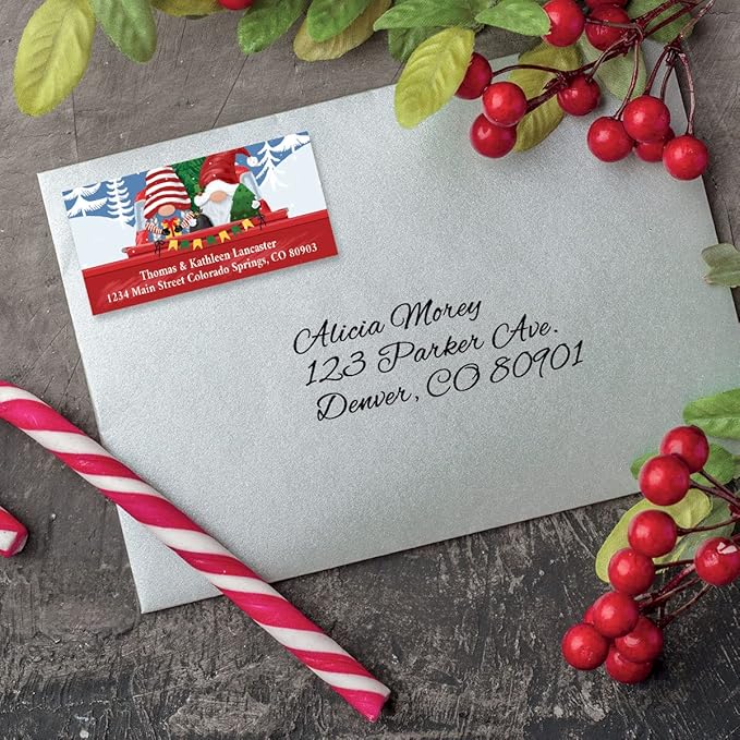 Gnomes in a Red Truck Christmas Address Labels- Set of 144, Personalized Holiday Return Labels, 1-1/8" x 2-1/4" Self-Adhesive, Flat-Sheet Labels, by Colorful Images