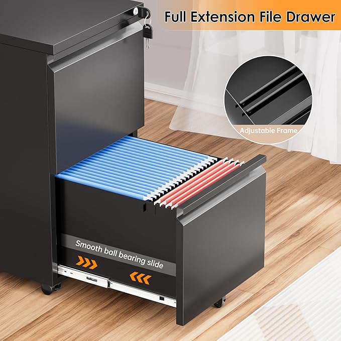 INTERGREAT 2 Drawer File Cabinet, Metal Filling Cabinet with Lock, Locking Office Mobile Cabinets with Wheels for Legal/Letter Size, Under Desk, Black