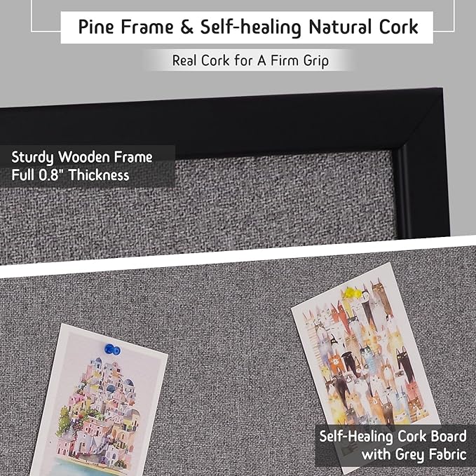 Bulletin Board 46x30 Inch, Large Cork Board with Grey Fabric and Pine Wood Frame, Cork Boards for Walls, Wall Mounted Fabric Notice Board for Home Office School, Vision Board and Message Organizer