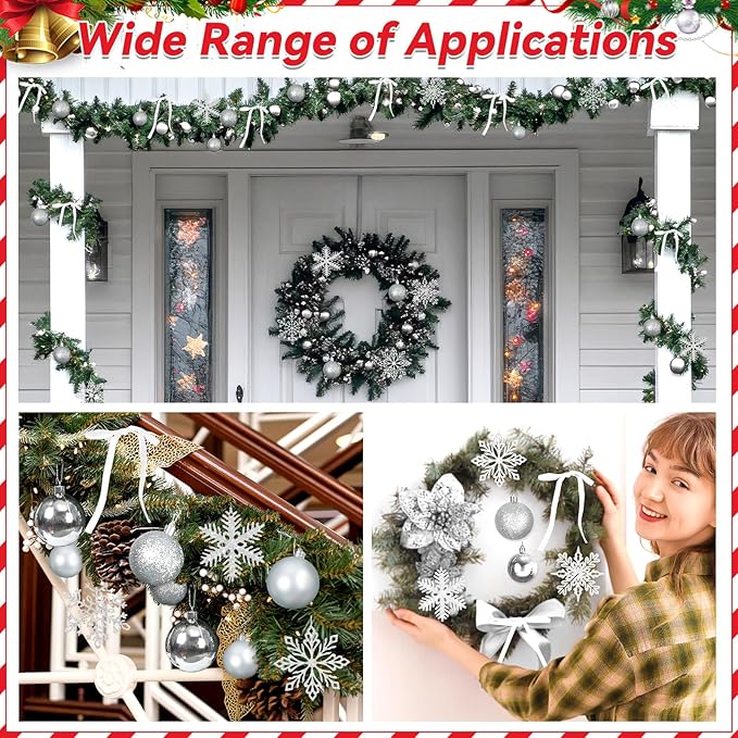 86Pcs Led Light Silver Christmas Tree Decorations Set 100 Led Light Christmas Star Trees Topper with String Lights Xmas Balls Snowflakes Ornaments Bows Xmas Trees Decor 20m Light String