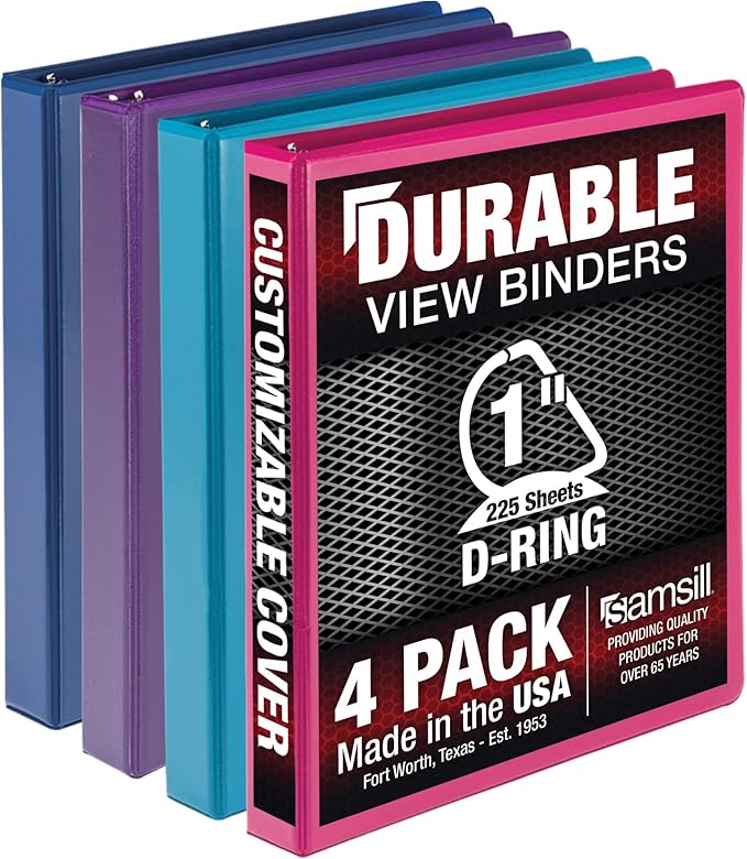 Samsill Durable 1 inch 3 Ring Binder, Made in USA, D Ring Binder, FSC 100% Recycled Chipboard, Fashion Assortment, 4 Pack