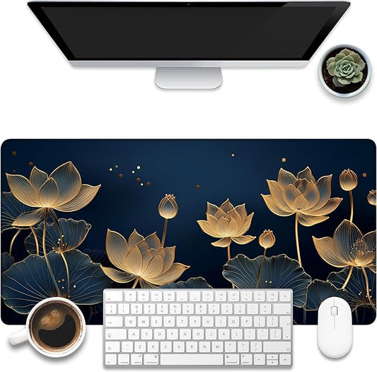 Desk Pad,Luxury Golden Lotus Line Arts Desk Mat,Dark Blue Background Large Gaming Mouse Pad for Desk,31.5"x15.7" Extended Big Computer Keyboard Mouse Pad with Non-Slip Base and Stitched Edge
