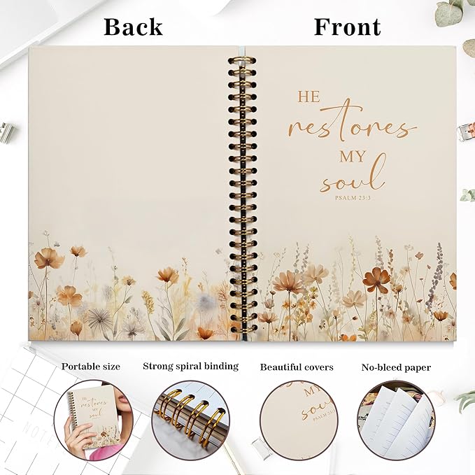 Bible Notebook, A5 Spiral Christian Journal, Bible Verse-He Restores My Soul, Inspirational Notebooks for Women, Bible Study, Gift for Birthday Christmas, Office Supplies (Light coffee color)