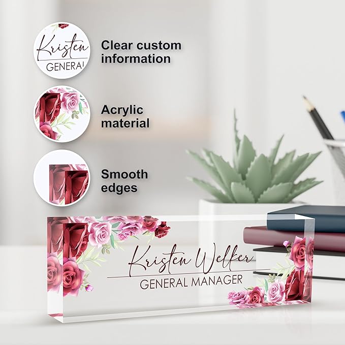 Personalized Name Plate for Desk, Custom Desk Name Plate, Acrylic Name Plate Office Desk Accessories, Personalized Office Gifts for Coworkers Teachers, Employee Appreciation Gifts (A-Rose)