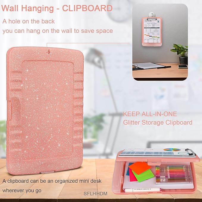 Glitter Clipboard with Storage,Storage Clipboard with Pen Holder,A4 Binder Clip Boards 8.5x11 with Low Profile Clip,Side Opening Sparkle Clipboards, Clipboards Folder for Office Supplies-Pale Pink