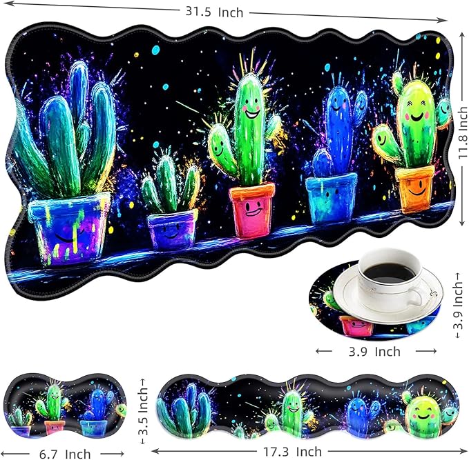 Large Mouse Pad and Keyboard Wrist Rest, Desk Pad for Keyboard and Mouse, 4-in-1 Large Gaming Mouse Pad with Wrist Support, Desk Mat for Home Office Study Game-Cute Cactus