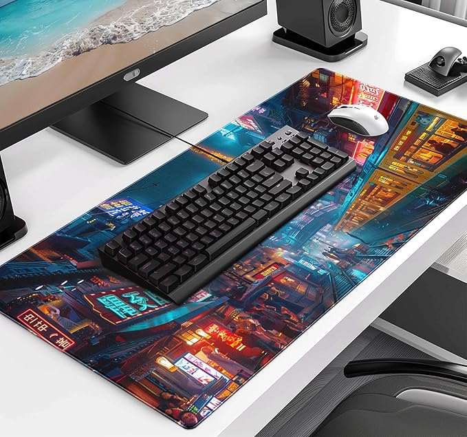 Japanese Anime Retro City Night Scene Mouse Pad, Non Slip Base and Stitched Edge Design, Suitable for Office and Home Desktops, Size 35.4 x 15.7 Inches