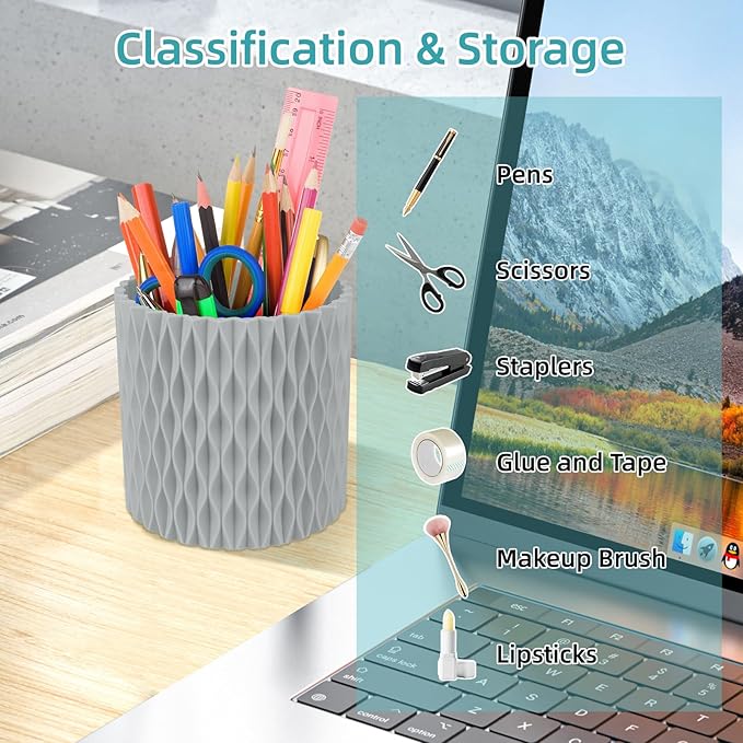 Grey Pen Holder for Desk, 360 Degree Rotating Desk Organizer with 5 Compartments, Pen Pencil Makeup Brush Holder, Cosmetics Lipsticks Pen Organizer for Home Office School