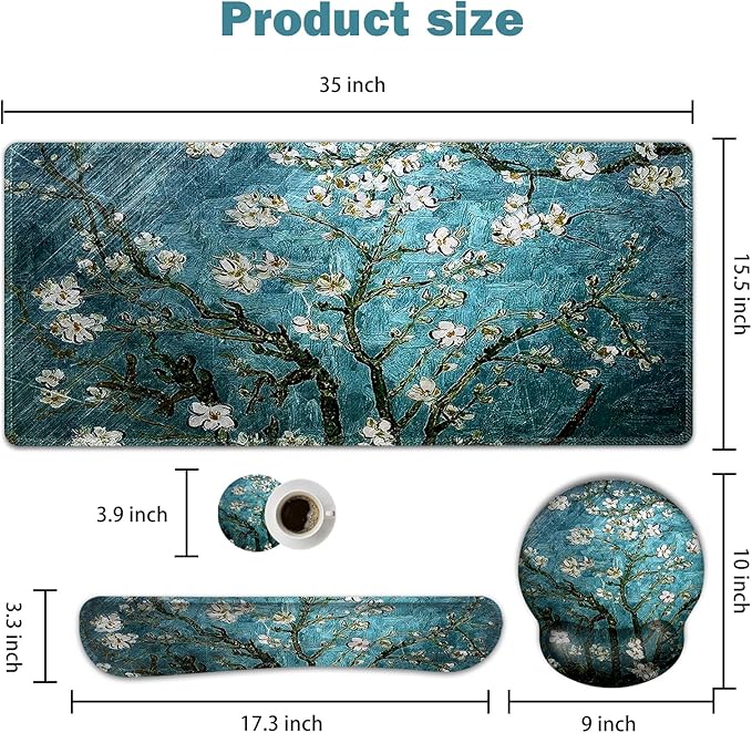 ARTSO Desk Mat, Large Gaming Mouse Pad Wrist Support Set, Ergonomic Keyboard Wrist Rest Desk Pad with Coaster Combo, Extended Mousepad with Non-Slip for Home Office, Blue Van Gogh Painting