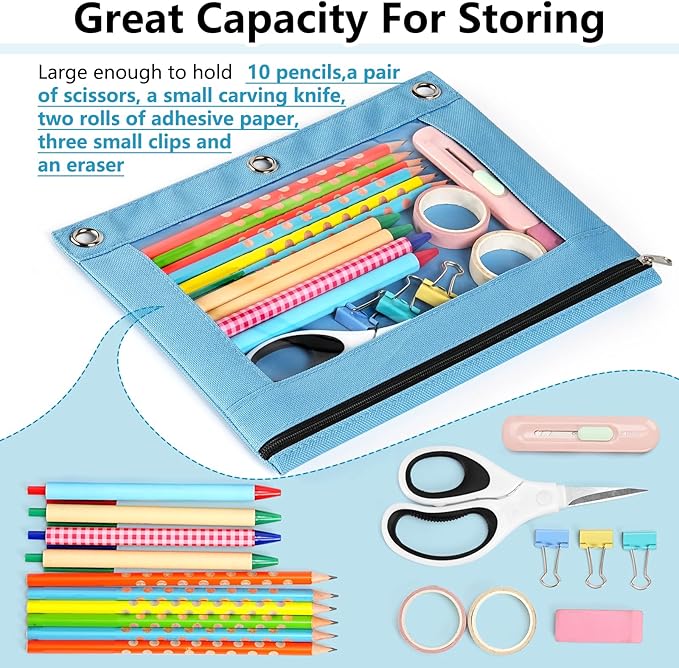 Forvencer 24 Pack Pencil Pouches for 3 Ring Binder, Smooth Zipper 3 Ring Binder Pencil Pouch, Multi-Color Pencil Case for Binder, Clear Top Binder Pencil Pouch, Pencil Bag with 3 Re-enforced Grommets