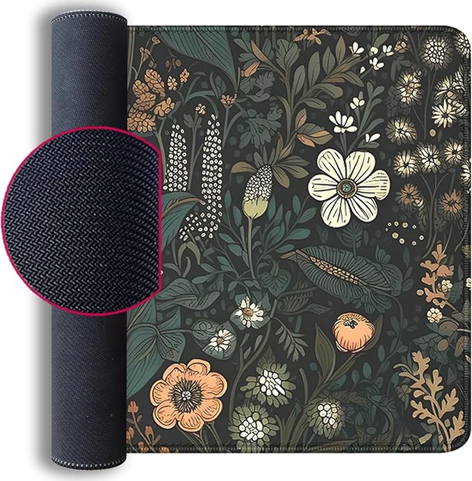 Dark Cottagecore Mouse Pad Floral Desk Pad,Botanical Mousepad, Vintage Desk Mat,Wildflower Mousepad with Stitched Edges Non-Slip Waterproof Rubber Base Mouse Mat for Office Work Home(27.5X11.8 in)