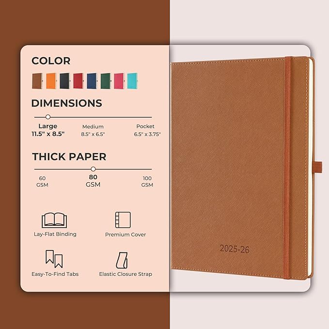 Weekly Monthly 2025-2026 Planner (July 25-Dec 26),11.5"x8.5",18 Months Agenda Plan with Month Tabs & Pocket,Expenses/Note Pages, Academic Calendar with Vegan Leather Cover,Brown