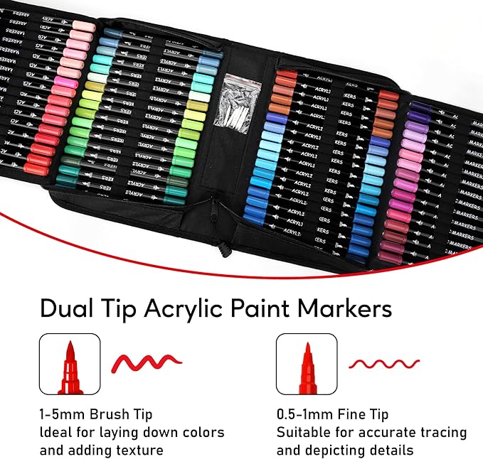 100 Colors Acrylic Paint Markers, Dual Tip with Fine Tip and Brush Tip Pens for Stone, Wood, Calligraphy, Canvas, Ceramic, Metal, Glass, Rock Painting, DIY Crafts Art Supplies Kit