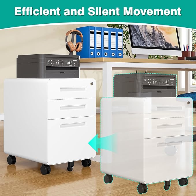 3 Drawer File Cabinet with Lock,Under Desk File Cabinet,White Rolling File Cabinets,Three Drawer Filing Cabinets for Home Office with Wheels,Fit A4/Letter/Legal File,Fully Assembled Except Casters