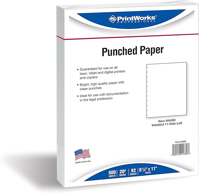 PrintWorks Professional Pre-Punched 11 Hole Velo Bind Paper for 11 Pin & 4 Pin Binding Spines - Book Binding Printer Paper - Made in the USA - 500 Sheets - 8.5" x 11" - 20 lb - 92 Bright White (04330)