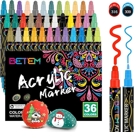 Betem 36 Colors Dual Tip Acrylic Paint Pens Markers, Premium Acrylic Paint Markers Stocking Stuffers for Rock, Wood, Fabric, Glass, Canvas, Ceramic, Christmas Gifts for Teens DIY Crafts Art Supplies