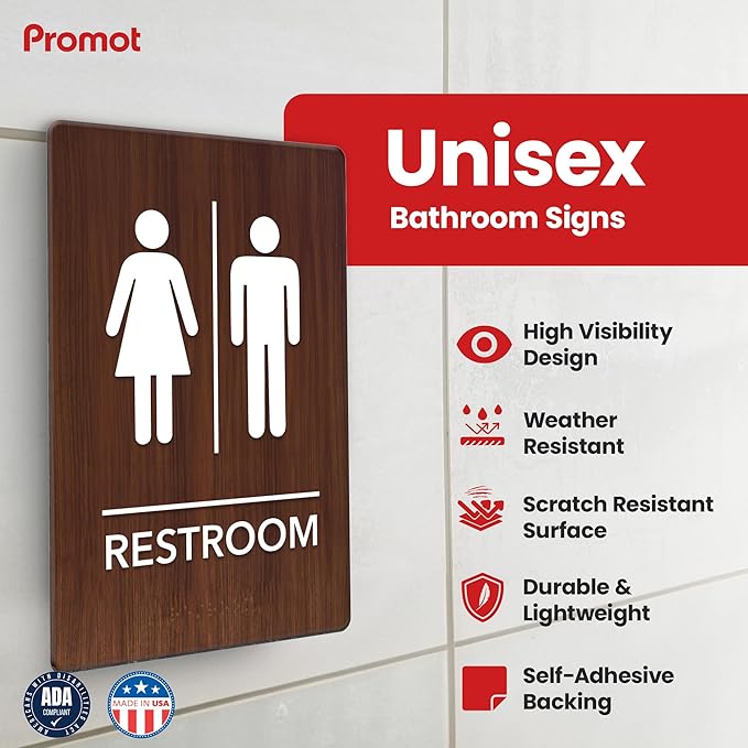 Promot Unisex Bathroom Sign – ADA Braille Restroom Sign for Business, Self-Adhesive, 9" x 6", Commercial Door Signage, Office Wall Decor - Walnut
