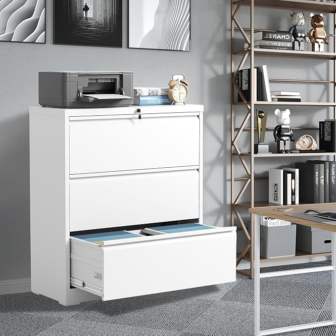 File Cabinets 3 Drawer,Metal Office Storage Filing Cabinet with Lock,White Lateral Filing Cabinet for Home Office,Horizontal Locking File Cabinets for Legal/Letter/A4,Assembly Require,White