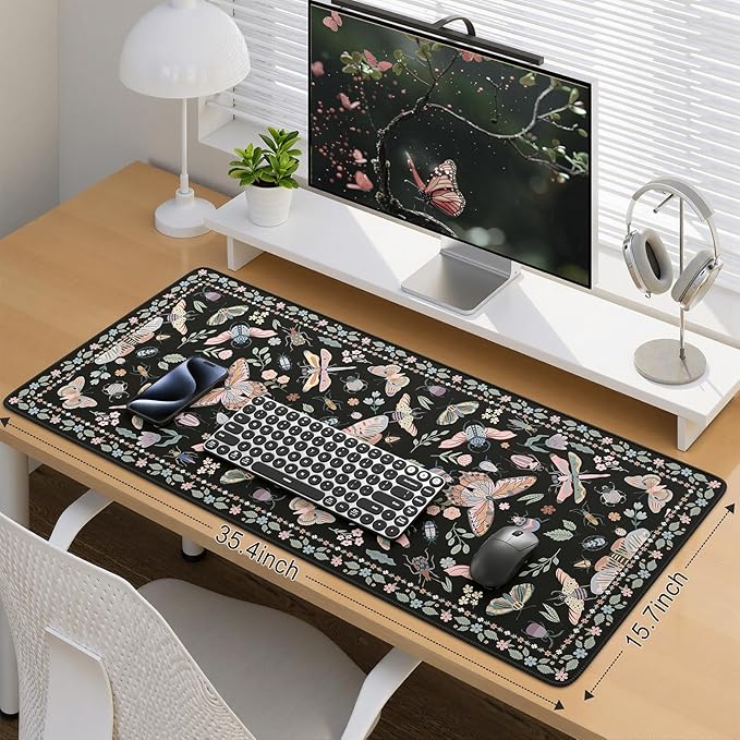 iCasso Black Large Mouse Pad, Desk Matt for Desktop, XXL Desk Mat for Keyboard and Mouse, Anti-Slip Big Mousepad Computer Mat with Stitched Edges(Insects)