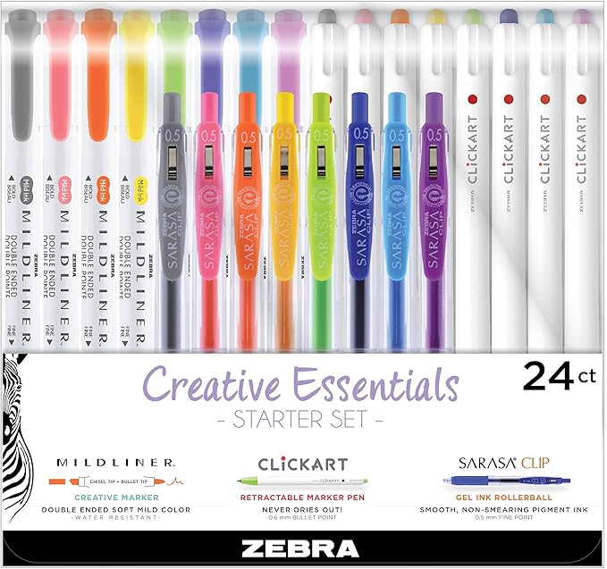 Zebra Pen Creative Essentials Starter Set 24-Pack, Includes 8 Mildliner Highlighters, 8 ClickArt Markers and 8 Sarasa Clip Retractable Gel Pens, Assorted Ink Colors (76024)