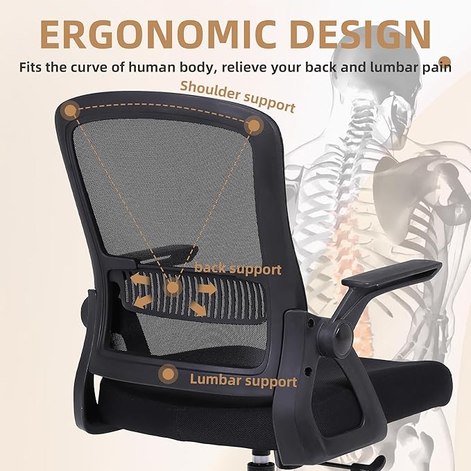 Office Chair, Ergonomic Desk Chair with Lumbar Support, Breathable Mesh Chair with Flip-up Armrests and Mid Back, Comfy Task Computer Height Adjustable Swivel Chair (4, Black)