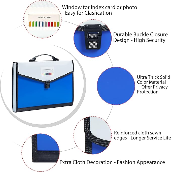 Legal Size 13-Pockets Expanding File Folder with Handle, Plastic Accordion Filling File Folder Expandable Monthly Portable Paper Document Organizer for Office School & Home (Blue-1)