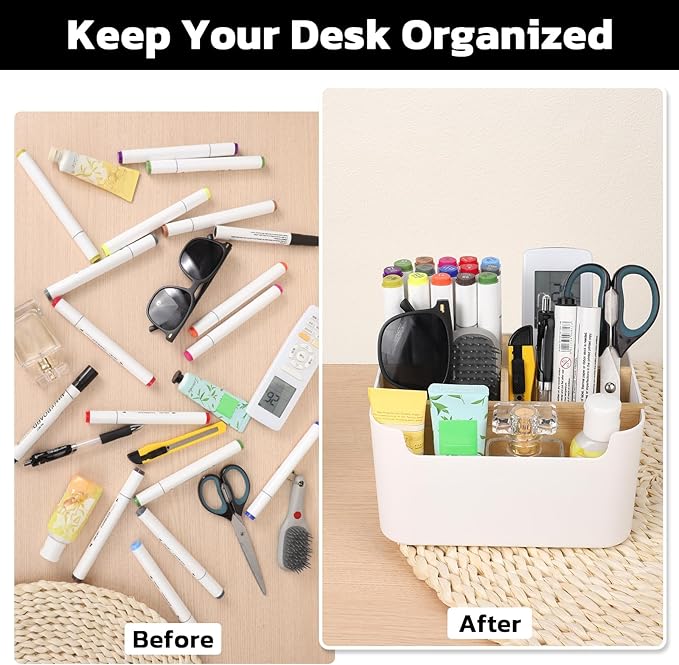 Segarty Desk Storage Box, Divided Bamboo Desktop Organizer, Pencil Holder, Detachable Pen Holder, Remote Control Holder, Cell Phone Box, Modern Wooden Desk Side Organizer for Office Home Accessories