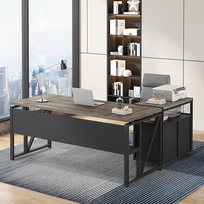 Tribesigns Office Desk with Drawers Sets, 63 inches L Shaped Executive Desk with Mobile File Cabinet for Home Office Furniture Sets (Dark Oak, 63-inch)