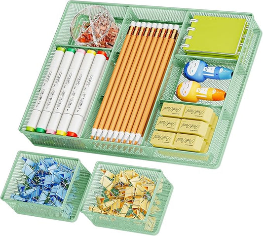 Marbrasse 3 Packs Desk Drawer Organizers, Metal Mesh Dividers with 9 Adjustable Compartments, Pen Organizer for Drawer Tray Box Accessories for Desktop,Kitchen, Makeup(Green)