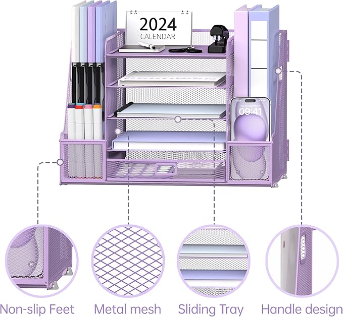 SUPEASY Mesh Desk Organizer with File Holder, 5-Tier Paper Letter Tray Organizer with Magazine Holder, Desktop Organizer and Storage with Drawer for Office Supplies Home or School, Purple