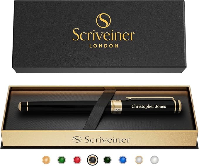 Scriveiner Personalized Black Rollerball Pen - Stunning Luxury Pen, Jet Black Lacquer & Real Gold Plating, Schmidt Ink Refill, Best Engraved Roller Ball Gift for Men & Women, Custom Name Engraving