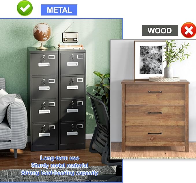 METAN Upgrade Metal 4 Drawer Files Cabinet for Home Office,Lockable Steel File Storage Cabinet with 4 Locks for Hanging Legal/Letter A4 Size, Assembly Required,Black