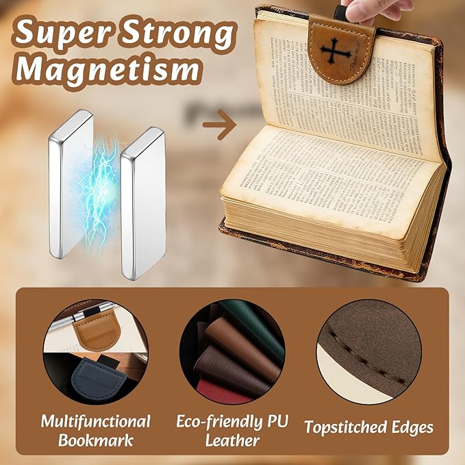 Bygone Mark Personalized Magnetic Leather Bookmark with Pen Holder - Inspirational Bible Verse Scripture Design, Custom Book Marker for Book Lovers Men Women (Brown-Philippians 4:13)