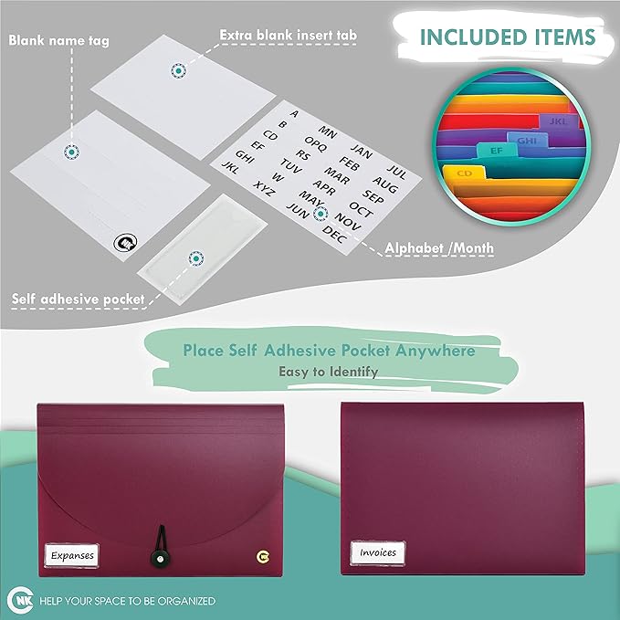 CNK File Folders Organizer with 13 Pockets Accordion Expanding Folder For Documents Receipt Document Paper Pocket Filing Products Accordian Important expandable holder files alphabetical Labels Letter